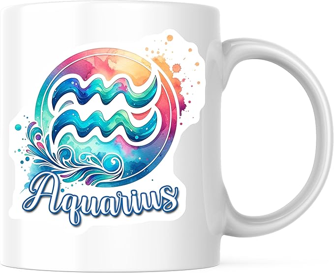 Aquarius Coffee Mug - Watercolor Zodiac Sign Astrology - Unique 11 Ounce - Design Printed On Both Sides - Premium Quality Ceramic - BMCM7019