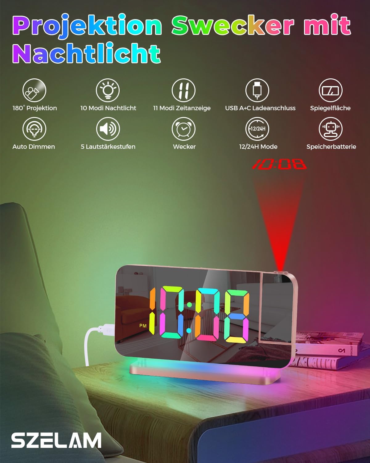 Diagram of SZELAM Projection Alarm Clock features