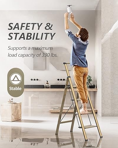 Miniatura 102 de Taburete de 2 peldaños con pedal antideslizante y ancho, escalera plegable de hierro portátil para el hogar y la cocina, 300 libras, color blanco