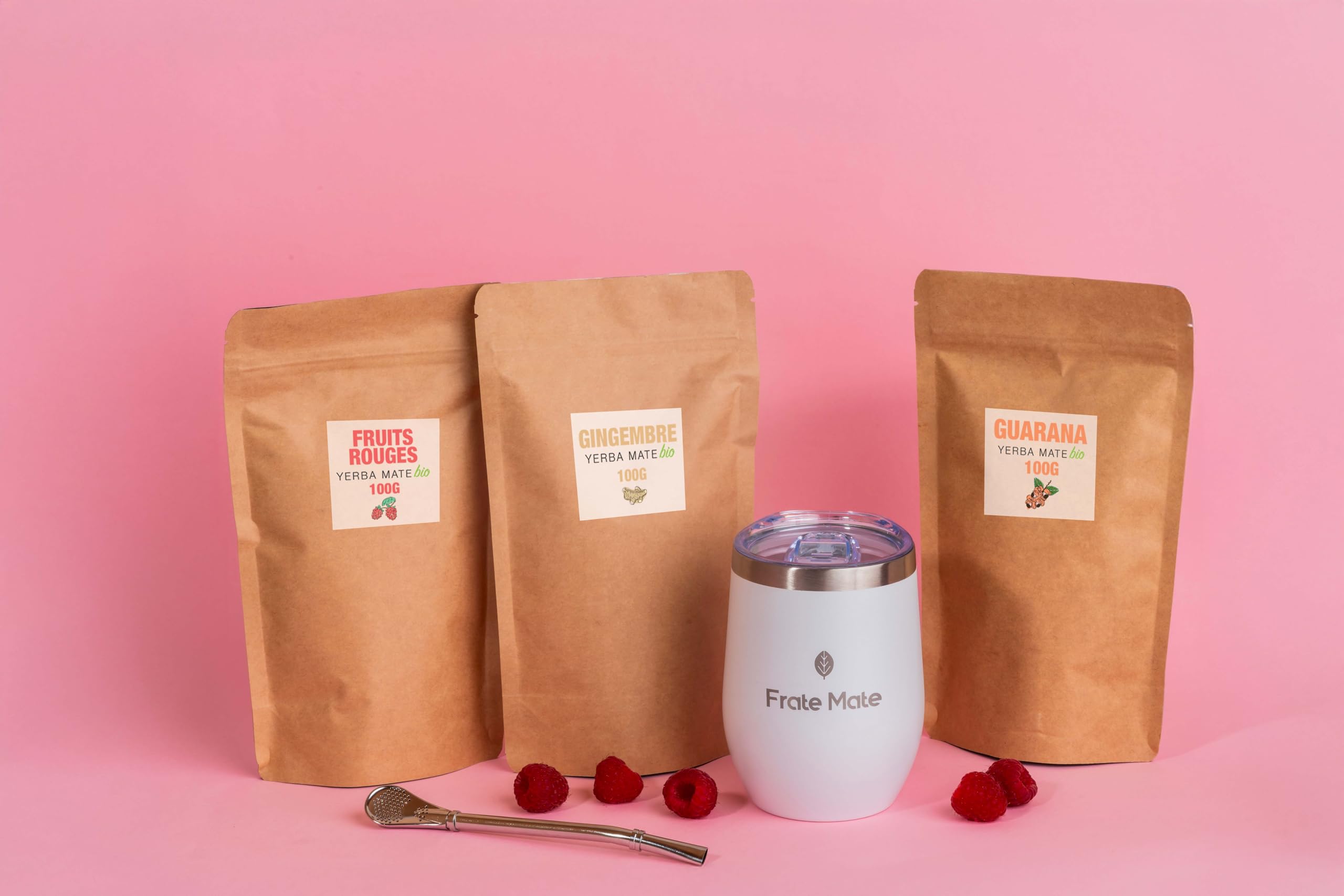 Coffret Découverte Maté Fruité – 3 Matés Fruités Bio (Fruits Rouges, Guarana & Gingembre) + Calebasse Blanche + Bombilla | Yerba Maté Bio à Infuser Froid ou Chaud | Idée Cadeau Maté Énergie Détox