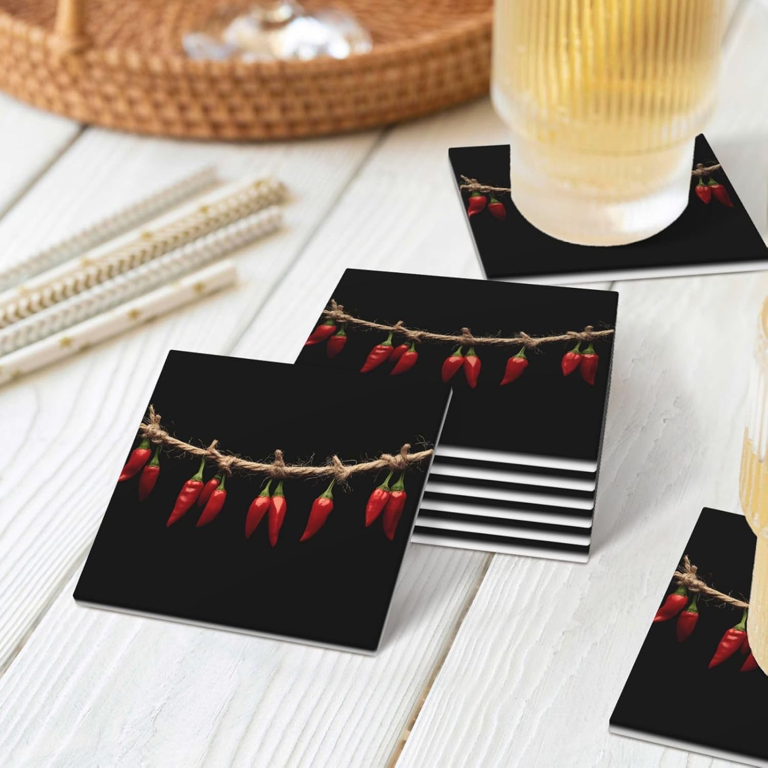 (red Chili Peppers) Ceramic Coasters Set of 6 with Holder Non-Slip Square Coffee Coasters for for Cup Mug Drink Patio Coffee Table Decor, Christmas Coasters Home Bar Supplies