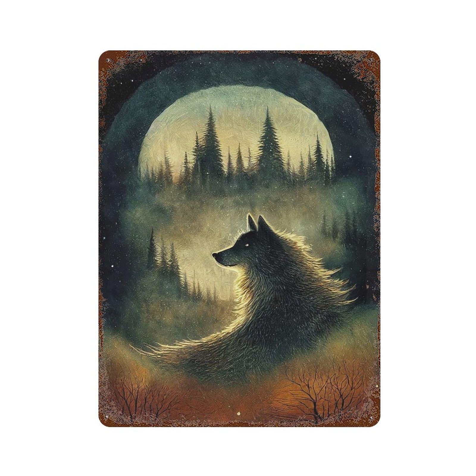 Wolf in The Moonlight Rusty Metal Tin Sign 15.7"x11.8", Farmhouse Wall Decor for Farmhouse, Kitchen And Entryway Decor
