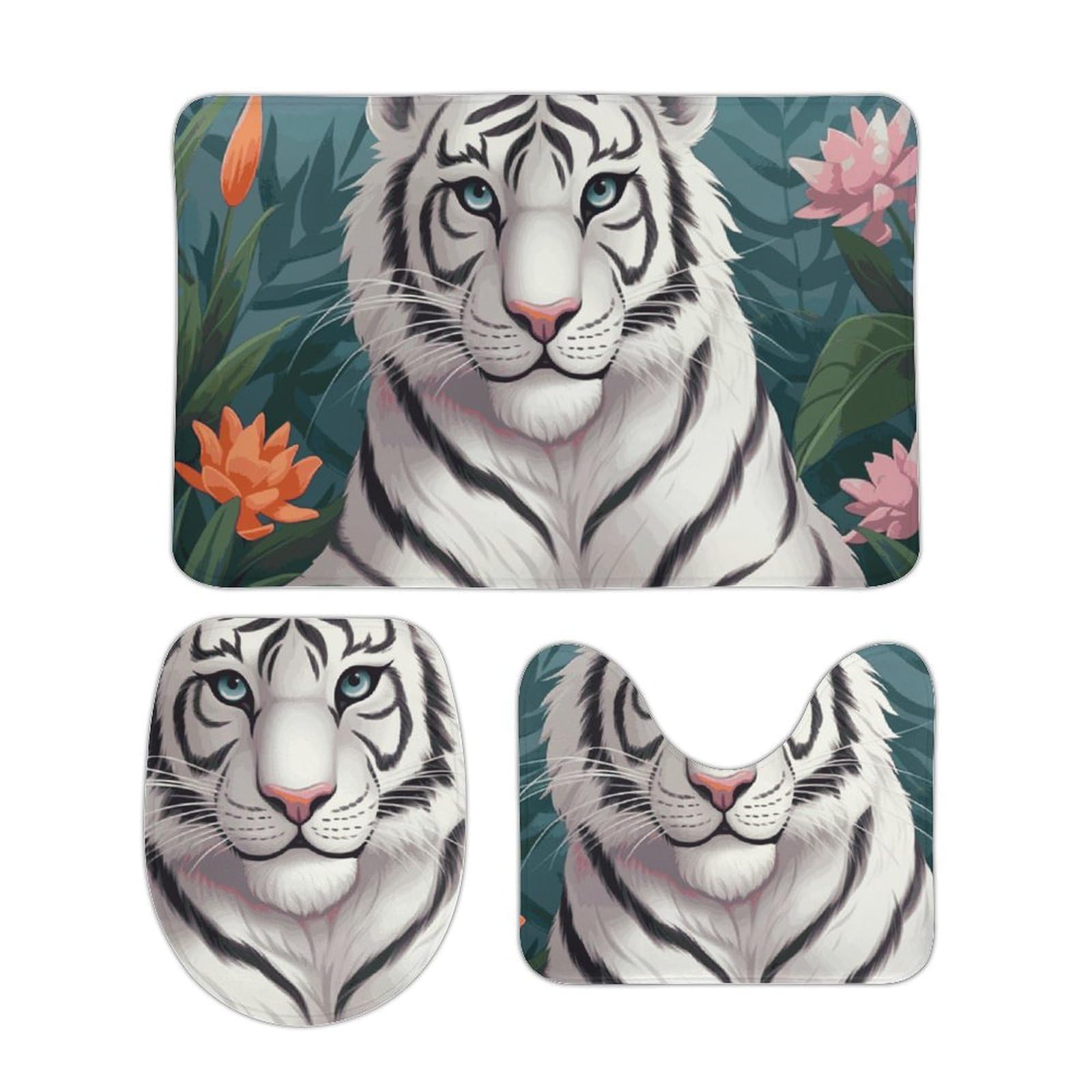 Tapis de salle de bain antidérapants lot de 3 avec motif tigre blanc pour douche et WC