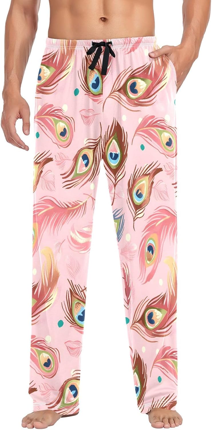Men Pajama Pants Pink Background Peacock Feathers Pattern Lounge Comfortable Relaxed Sleepwear Bottom