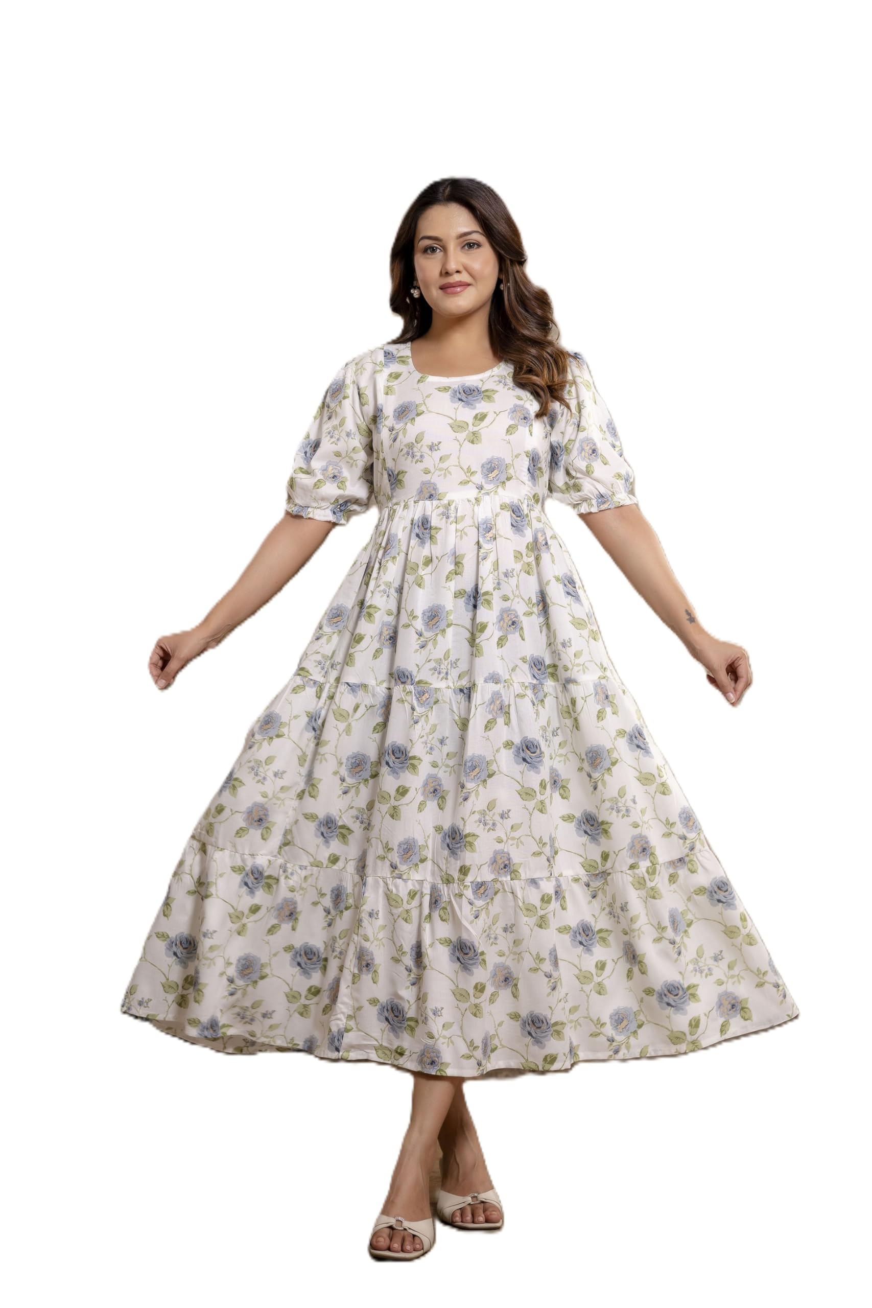 somick Women's Soft Rayon Printed Full Length Maternity Tiered Maternity Dress & Puff Sleeves-picture-26
