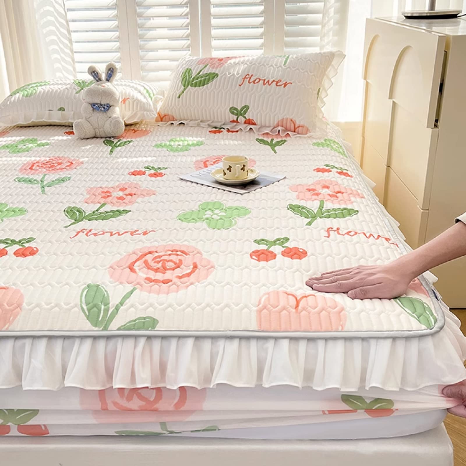 FCLDESHOP Weiche Atmungsaktivem Spannbetttuch,Sommerverdickter Latex-Bettbezug aus kühler Seide, bequemer Cartoon-Druck-Matratzenaufleger mit tiefen Taschen, Jadefarbe, 180 cm x 200 cm (71 x 79 Zoll)
