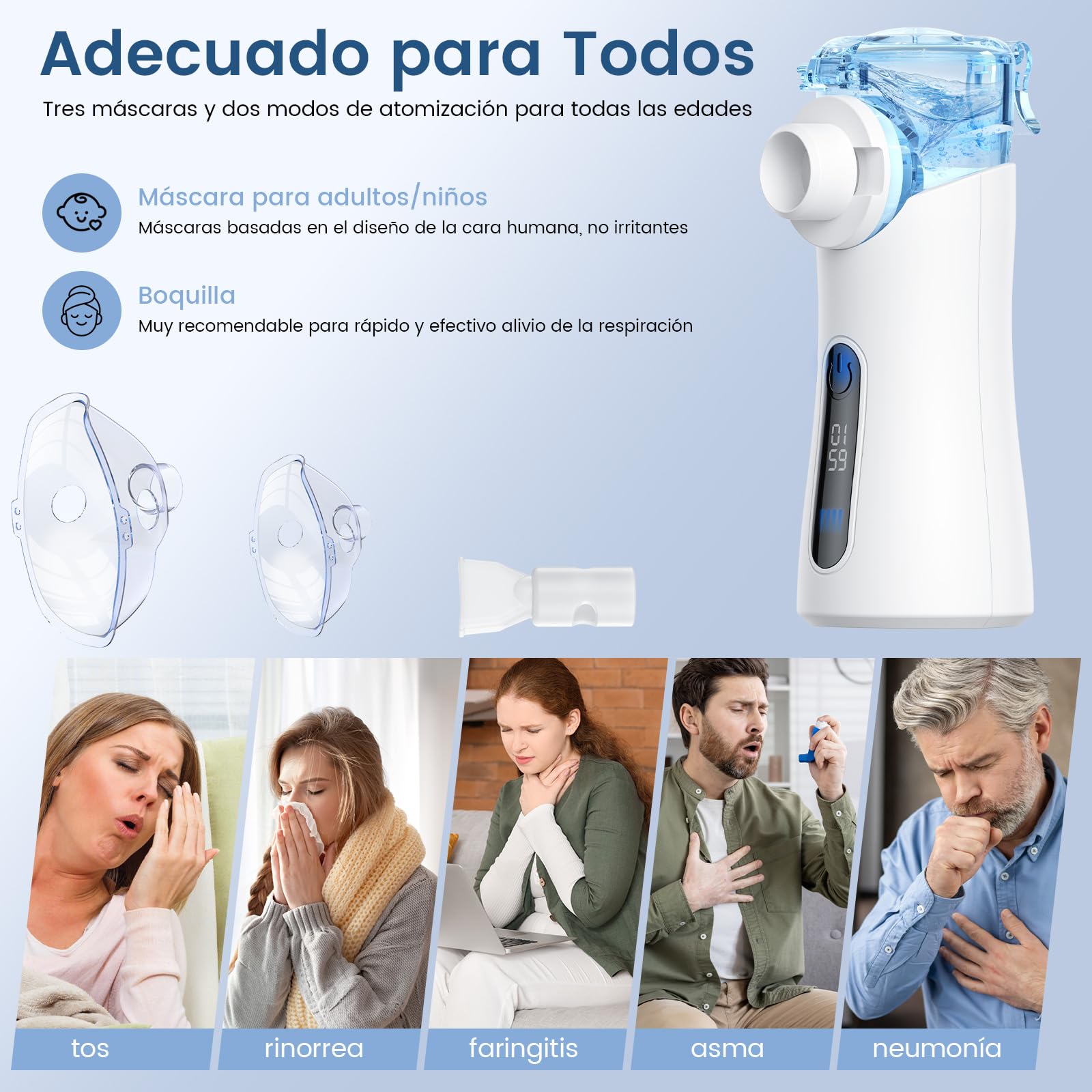 Nebulizador Ultrasónico Niños y Adultos | Portátil 85g | Silencioso 30dB | 2 Modos de Nebulización | Uso Continuo Durante 1h | Pantalla Digital | Modo Autolimpieza | Kit Completo, Para Niños y Adultos, Partículas <5μm, Solo 85g, Batería 500mAh