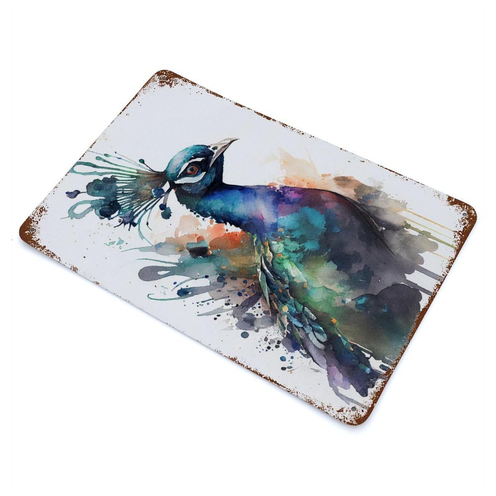 Peacock Watercolors Rust Effect Tin Sign 11.8"x7.9", Industrial Home Decor for Bistro, Counter And Cafe Decor