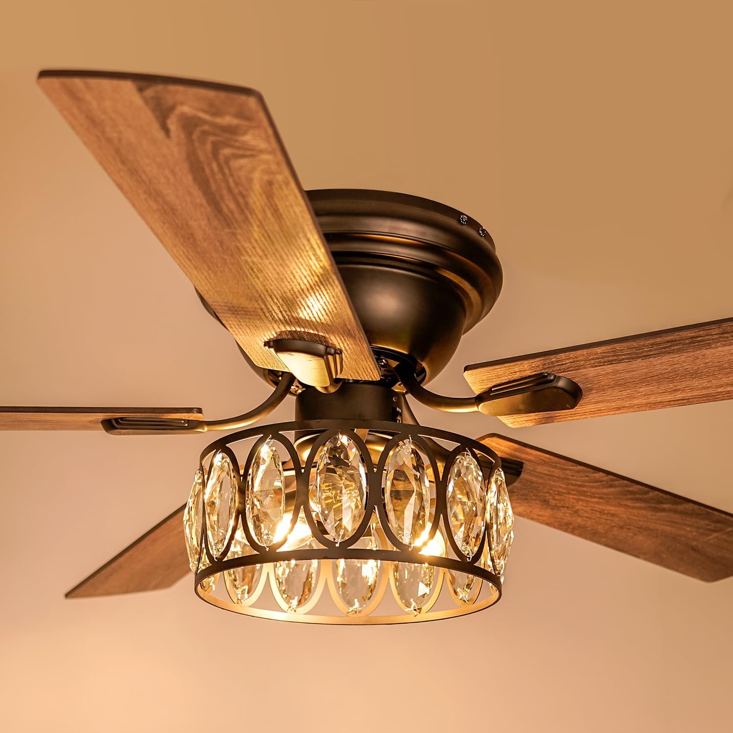 52 Inch Black Flush Mount Ceiling Fan with Crystal Light and Remote