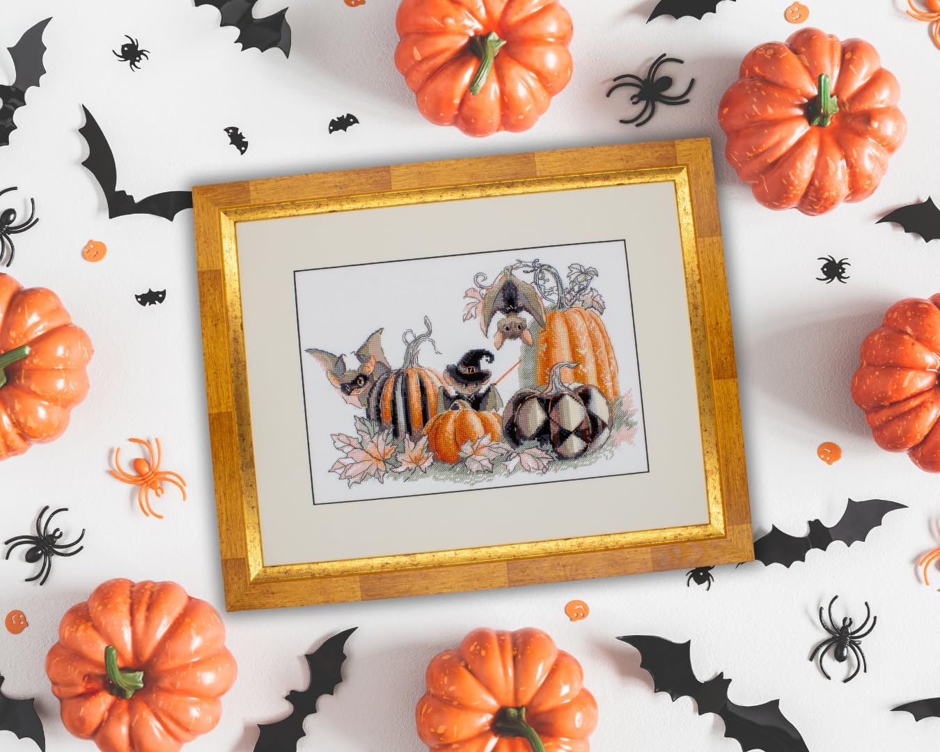 Aine - Pumpkin Bat Party A1031, Animals Cross Stitch Kits 11¾"x8¼, Autumn Cross Stitch Kits for Beginners & Advanced, Fall Crossstitching Kit Adult, Halloween Embroidery Counted Stitching Kit