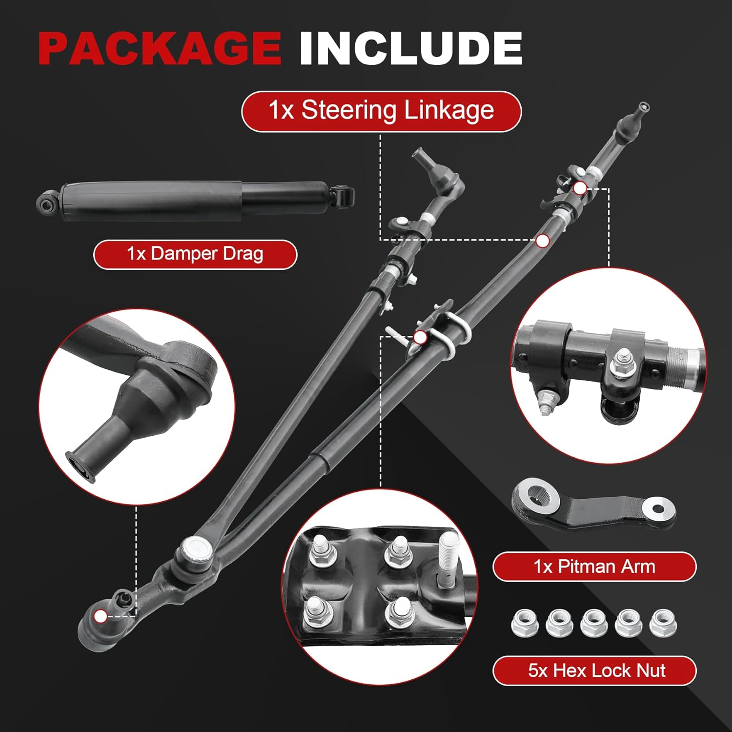 Front Steering Linkage Drag Link Tie Rod Kit Assembly Replacement for Dodge Ram 1500 2500 3500 Truck 4WD Replaces 52122362AL 52122362AF DS800981A 6505623AA 68039930AA