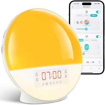 Sunrise Alarm Clock with App Control, White Noise Machine, Dual Alarms, Wake Up Light with Sunrise and Sunset Simulation, FM Radio & Bluetooth Speaker, Coloured Light, USB Powered [Energy Class G]