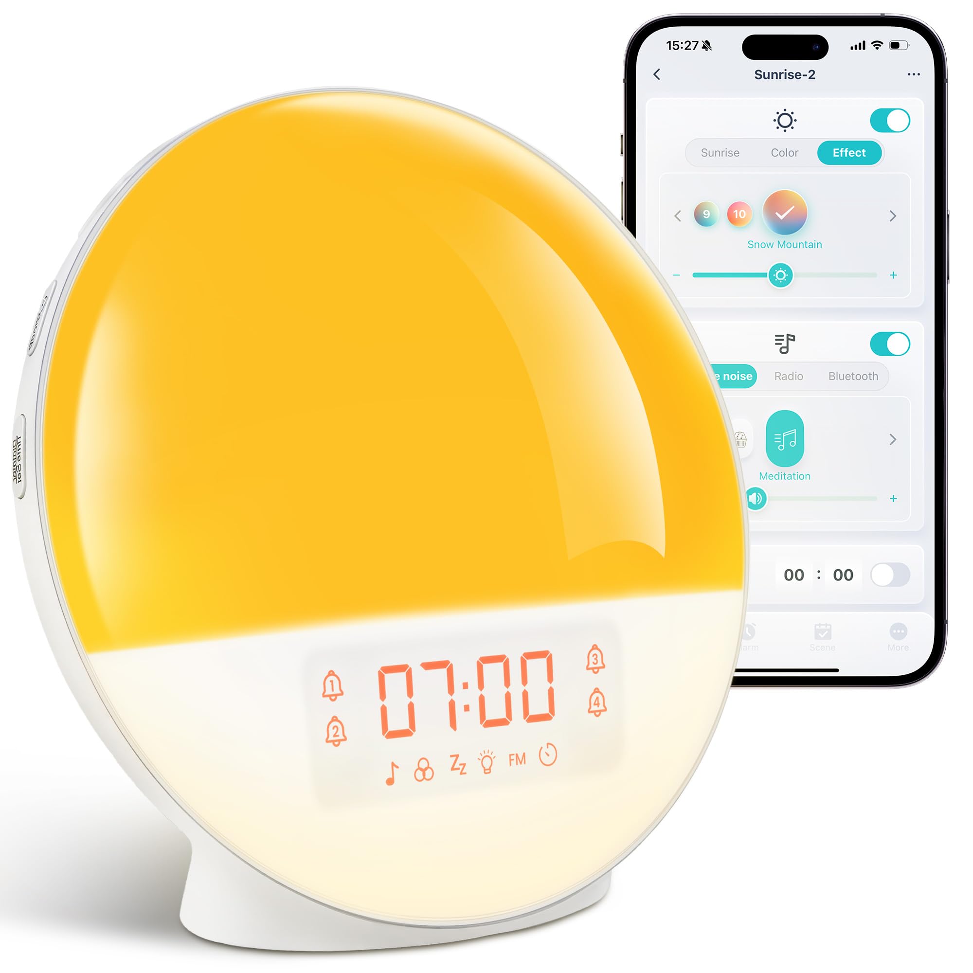 nuosife Sunrise Alarm Clock with App Control, White Noise Machine, Dual Alarms, Wake Up Light with Sunrise and Sunset Simulation, FM Radio & Bluetooth Speaker, Coloured Light, USB Powered