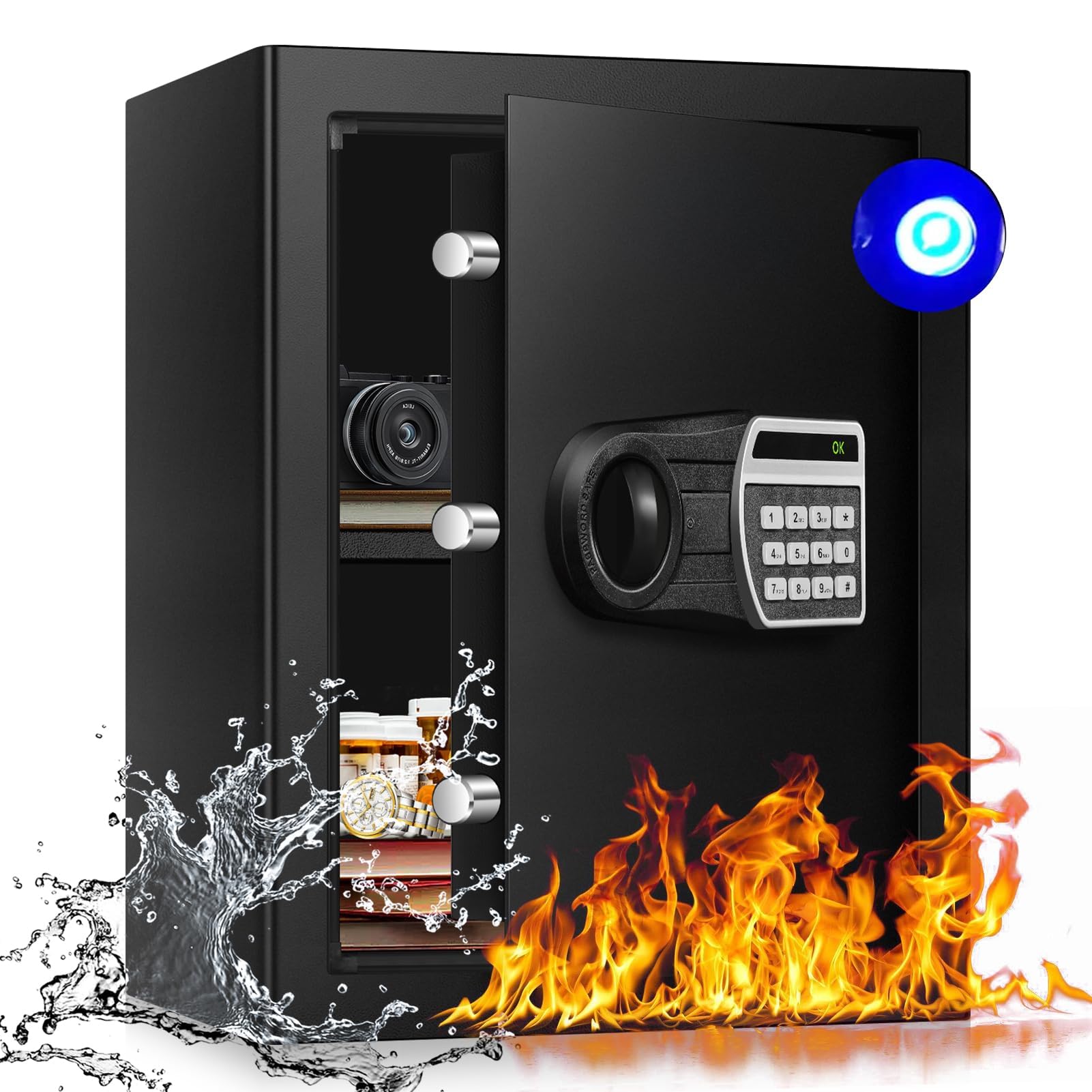 2.4 Cub Fireproof Safe Box for Home Documents Use, Home Safes Fireproof Waterproof with Digital Combination Lock, Fire Proof Safe with Removable Shelf, Sensor Light