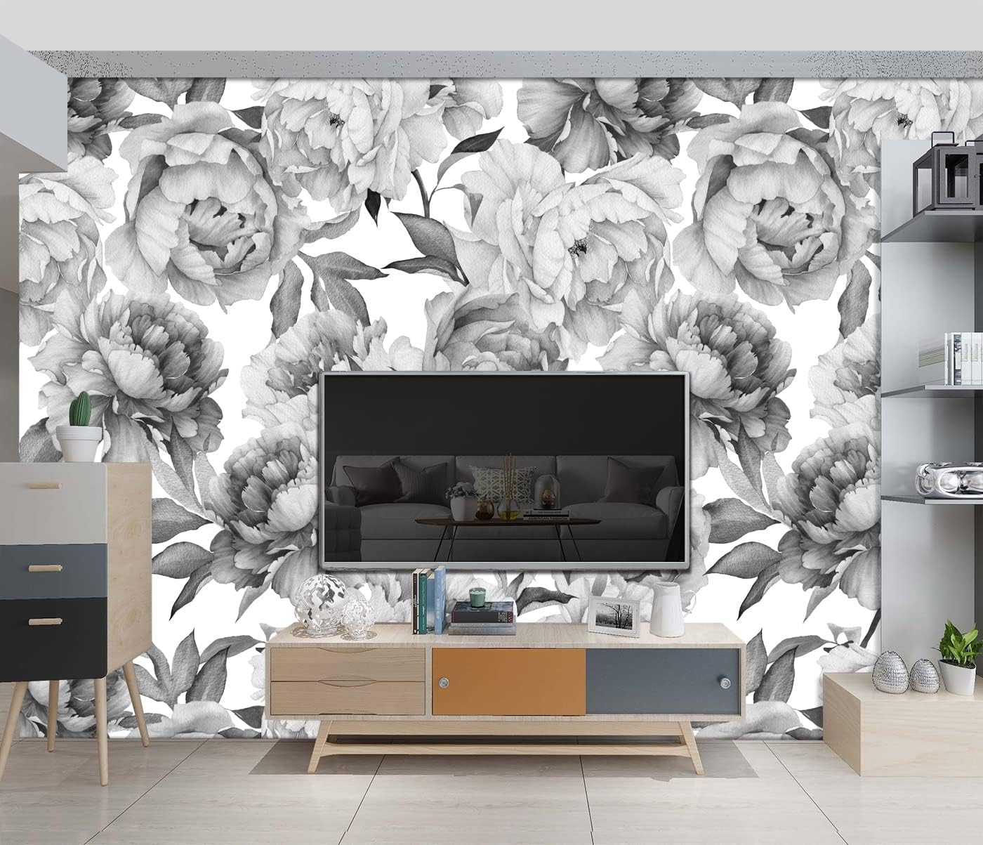 Grey Peony Floral Wallpaper Bedroom Black and White Botanical Flowers Leaf murals Aesthetic Room Decor Living Room tv Background Large Wall Mural - 137"x96" Not Peel and Stick