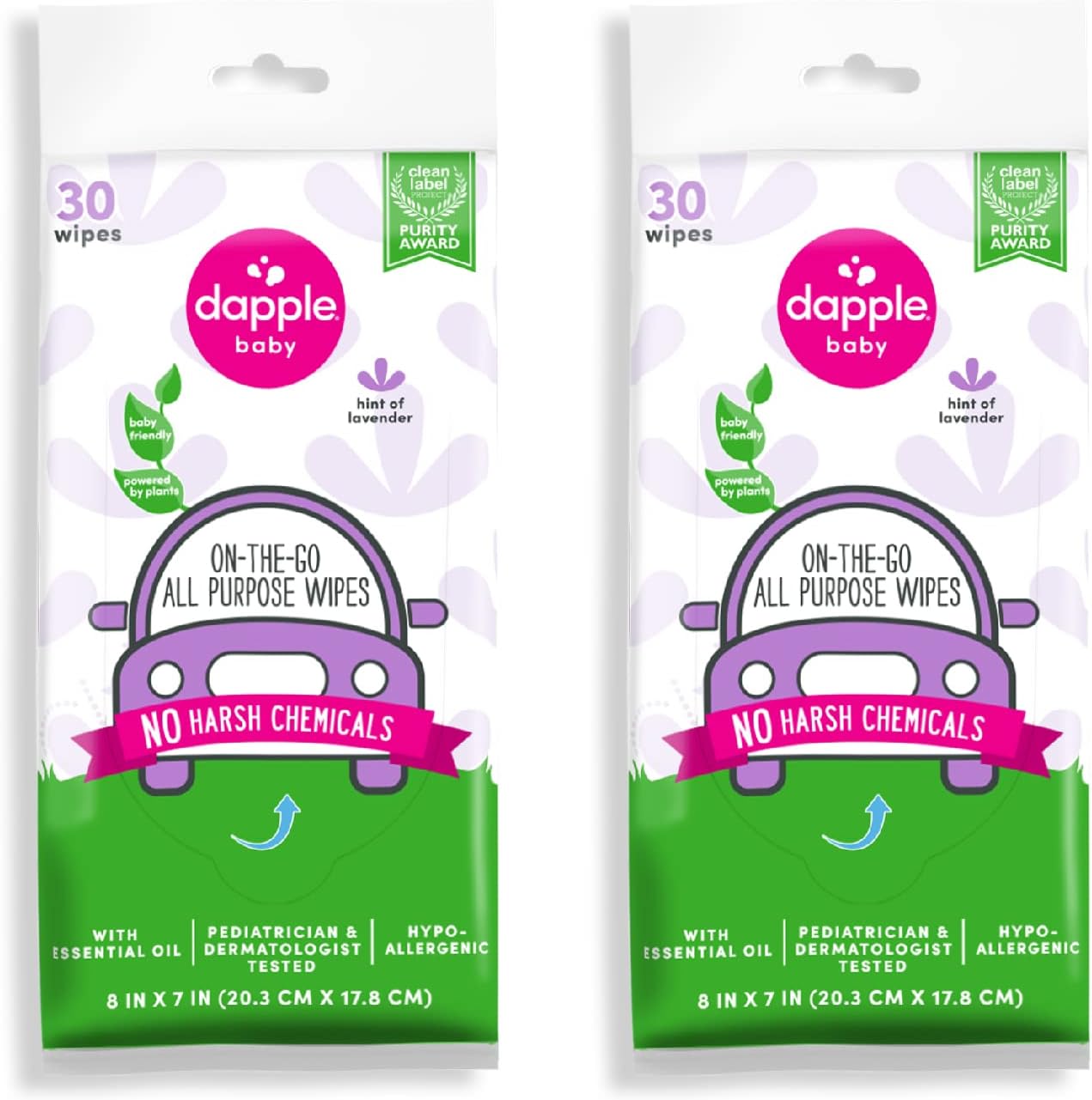 Dapple Baby All Purpose Cleaning Wipes - (2 Pack) 75 Count Canisters + (2 Pack) 30 Count Pouches - Plant-Powered & Hypoallergenic - Lavender Scent - Baby Essentials