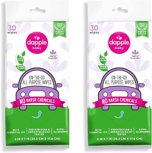 Dapple Toallitas multiusos para bebés, hipoalergénicas y alimentadas por Plants Cleaning Wipes, toque de lavanda, 30 unidades (paquete de 2)