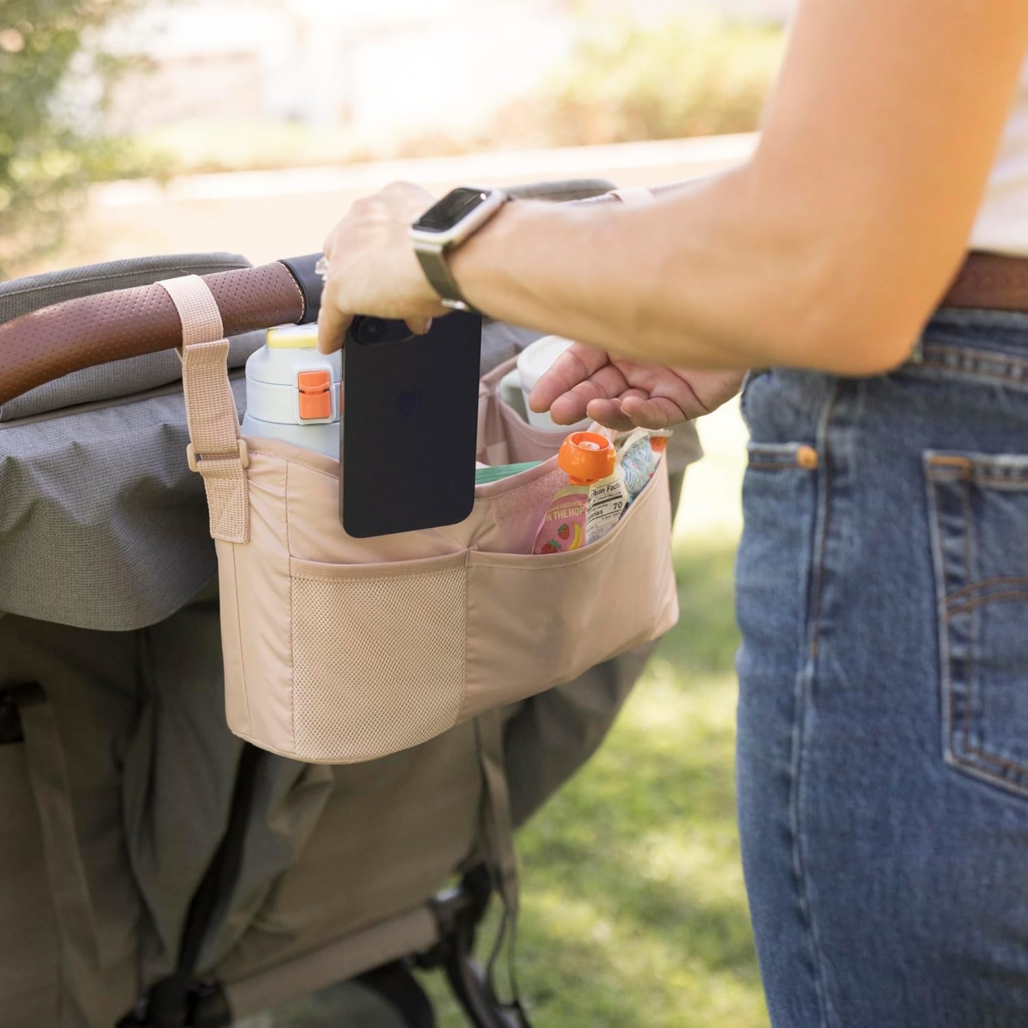 Tiny Twinkle Universal Stroller Organizer with Adjustable Strap | Waterproof Stroller Caddy Fits Baby Jogger, Nuna, Graco, Donna and Bugaboo Strollers (Beige Checkers