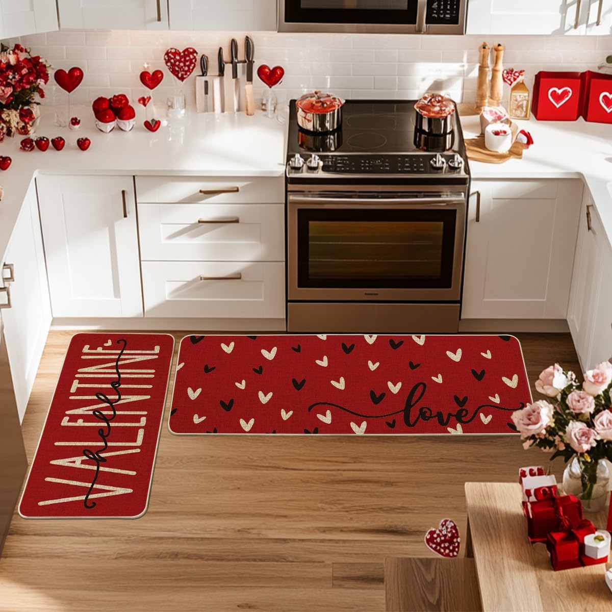 Artoid Mode Red Black Love Heart Hello Valentine's Kitchen Mats Set of 2, Home Decor Low-Profile Kitchen Rugs for Floor - 17x29 and 17x47 Inch