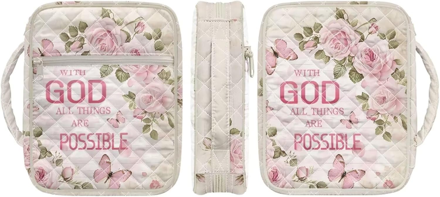 Butterfly Rose Bible Cover Case for Women Quilted Bible Bag with Tabs Bookmarks Girls Stylish Carrying Case Ideal Christian Gifts