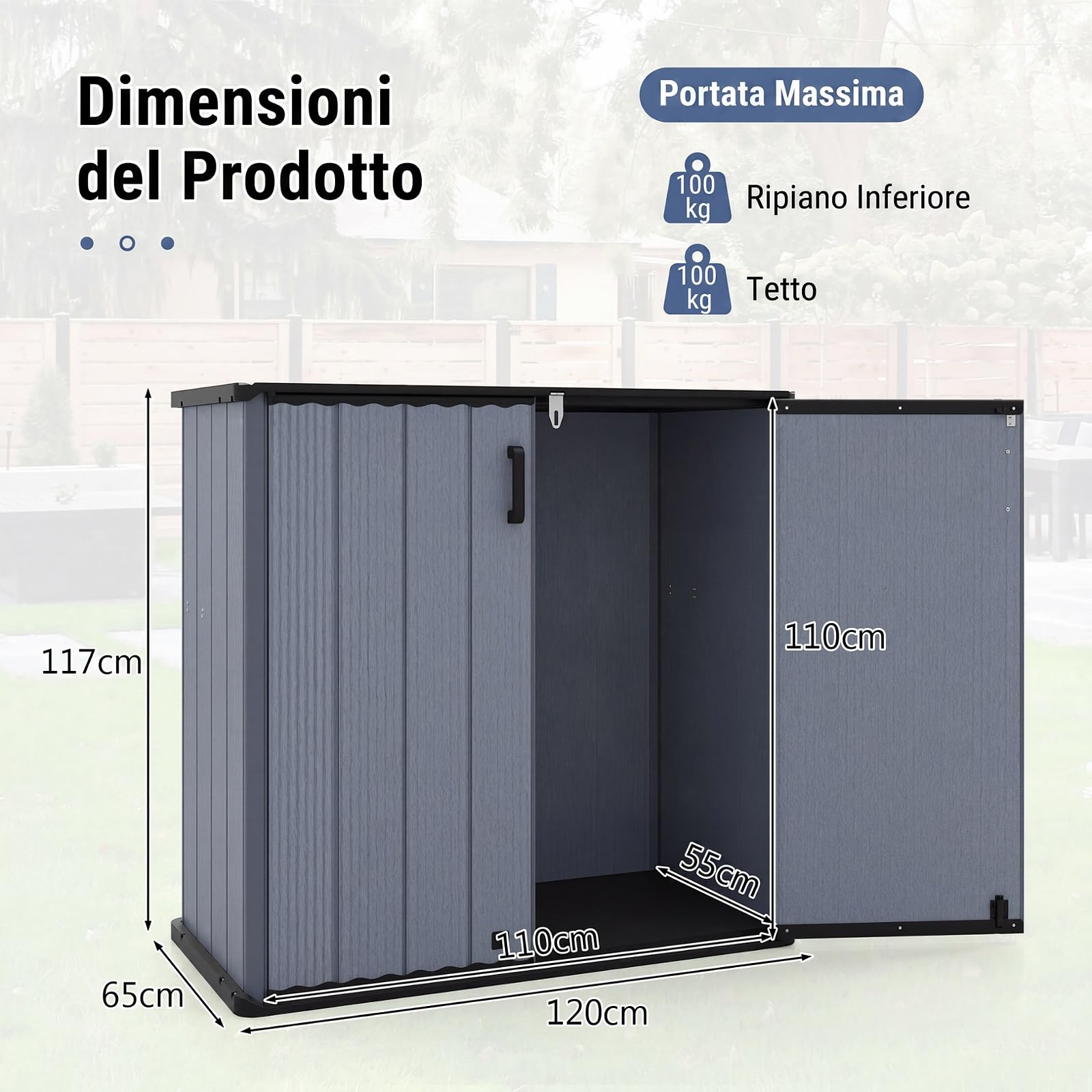 COSTWAY Armadio da Esterno e Interno Impermeabile, Mobile Contenitore per Attrezzi in Plastica PP e HDPE con Porta con Serratura e Tetto scanalato di Drenaggio, 120 x 65 x 117 cm (Grigio)