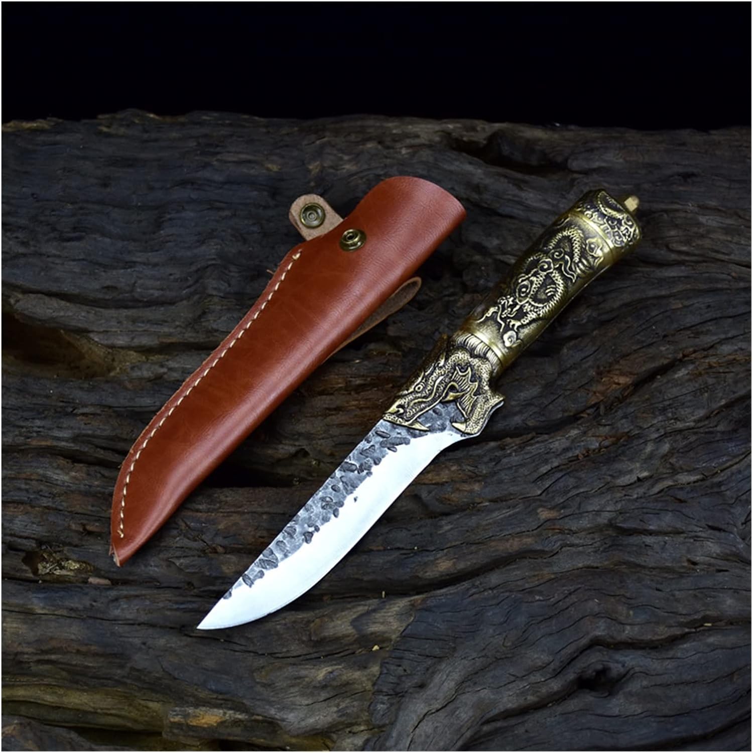 High Carbon Steel Handmade Viking Knife Sharp Outdoors Light Luxury Kitchen Knives Set Copper Dragon Decor Handle(A and Cover)