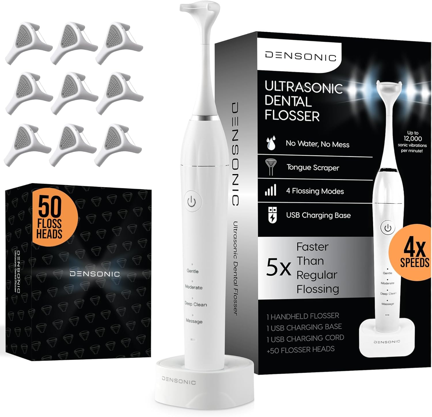 Electric Flosser Kit with Tongue Scraper | No Water, No Mess | Easy Gliding Dental Floss for Gentle Gum Care | Cordless Sonic Power | 50 Replaceable Heads [Glacier White]