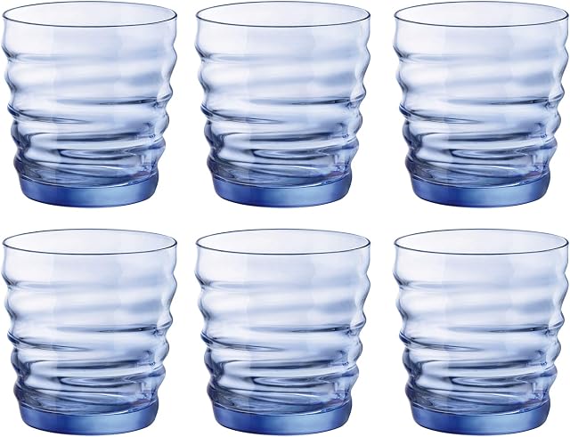 Queensway Home & Dining Set of 6 300ml Wavy Coloured Drinking Tumbler Glasses Juice Water (Blue)
