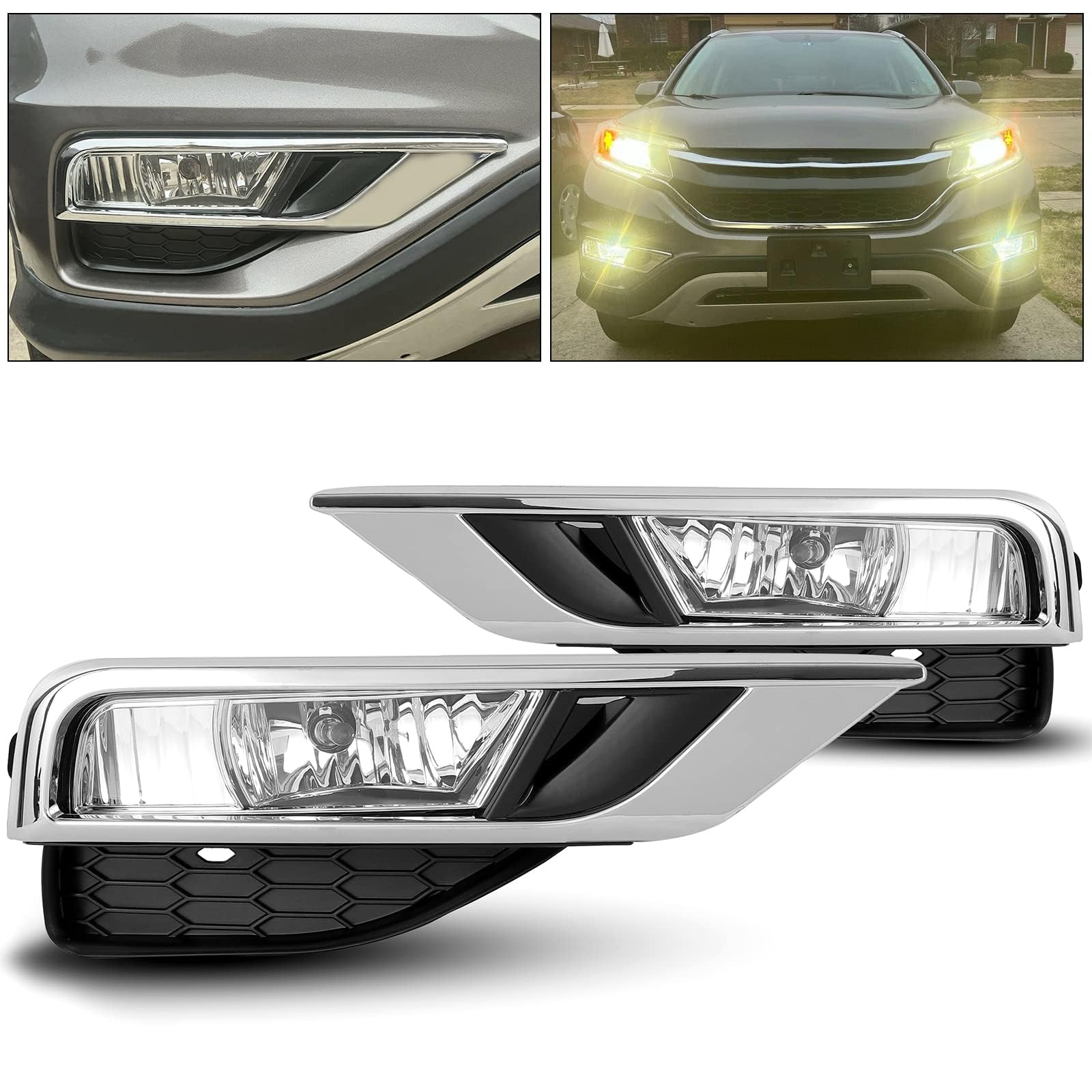 KUAFU Fog Light Lamp Compatible with 2015 2016 Honda CR-V CRV Replacement for HO2592140 HO2593140 HO1038124 HO1039124 Clear Lens W/Switch Bulbs Bezel Front Bumper Driving