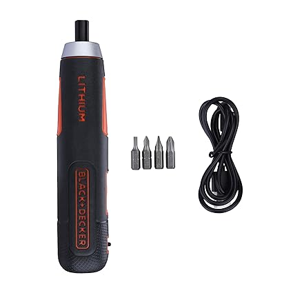 BLACK+DECKER BD40K4 4V 6.35mm Li-ion Cordless Screwdriver with E-Clutch and Intelligent Torque System with LED Worklight & 4-Piece Accessories for Home & DIY Use, 1 Year Warranty, ORANGE & BLACK