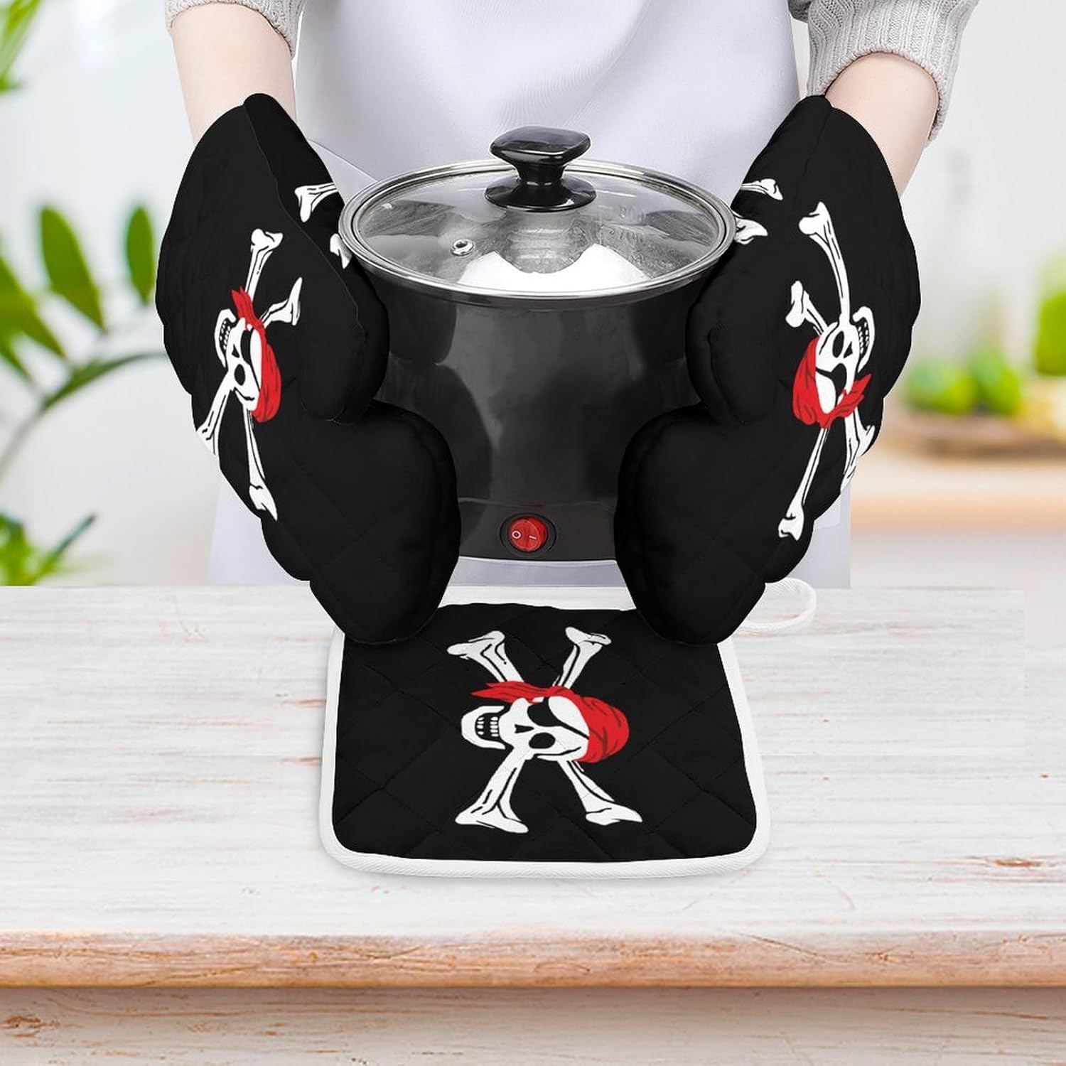 Skull Crossbones Pirates Flag Print Oven Mitts and Pot Holders 3 Piece Sets Heat Resistant Gloves Hot Pads Potholders for Kitchen Baking Cooking