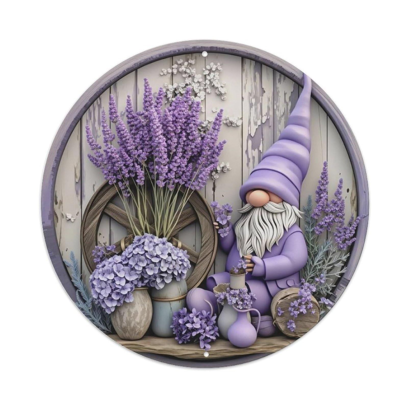 Purple Gnome Lavender Garden Wheel Metal Tin Sign