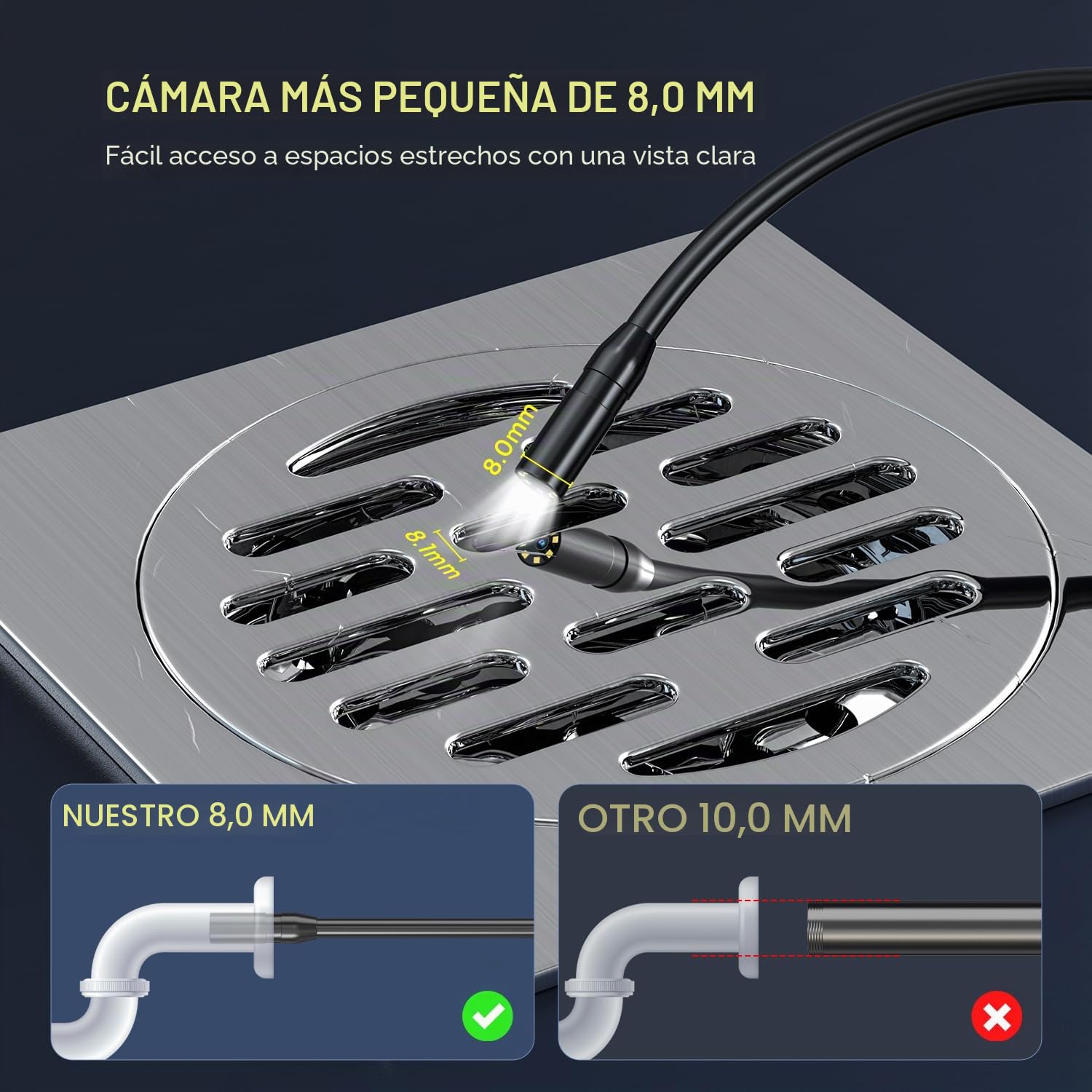 Endoscopio Camara de inspeccion, Qimic IP67 Impermeable endoscopio, Camara inspeccion tuberias con 8 Luces LED, Camara endoscopica, 32.8 FT/10m Cable Semi-Rígido