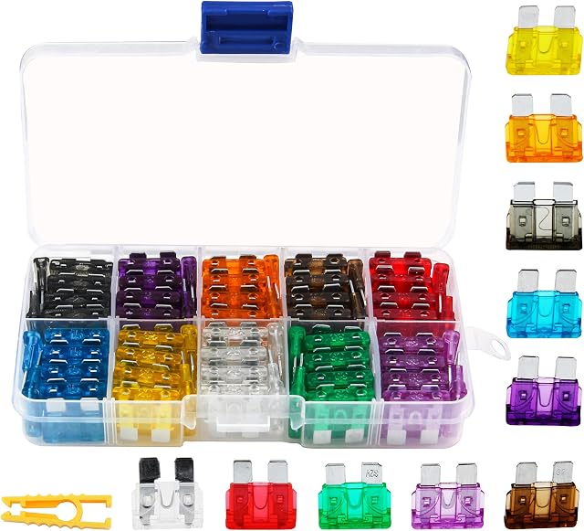 Standard Fuses,TKING 100pcs Assorted Auto Car Standard Blade Fuses Replacement Kit 2A 3A 5A 7.5A 10A 15A 20A 25A 30A 35A With 1 Fuse Extrator 1 Carrying Box (Car Standard Blade Fuse)