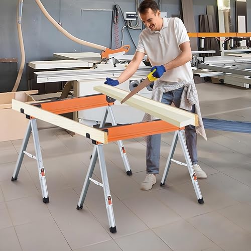 Miniatura 7 de Goplus Paquete de 2 caballos de sierra plegables, caballos de sierra portátiles plegables con capacidad de carga de 1100 libras, superficie