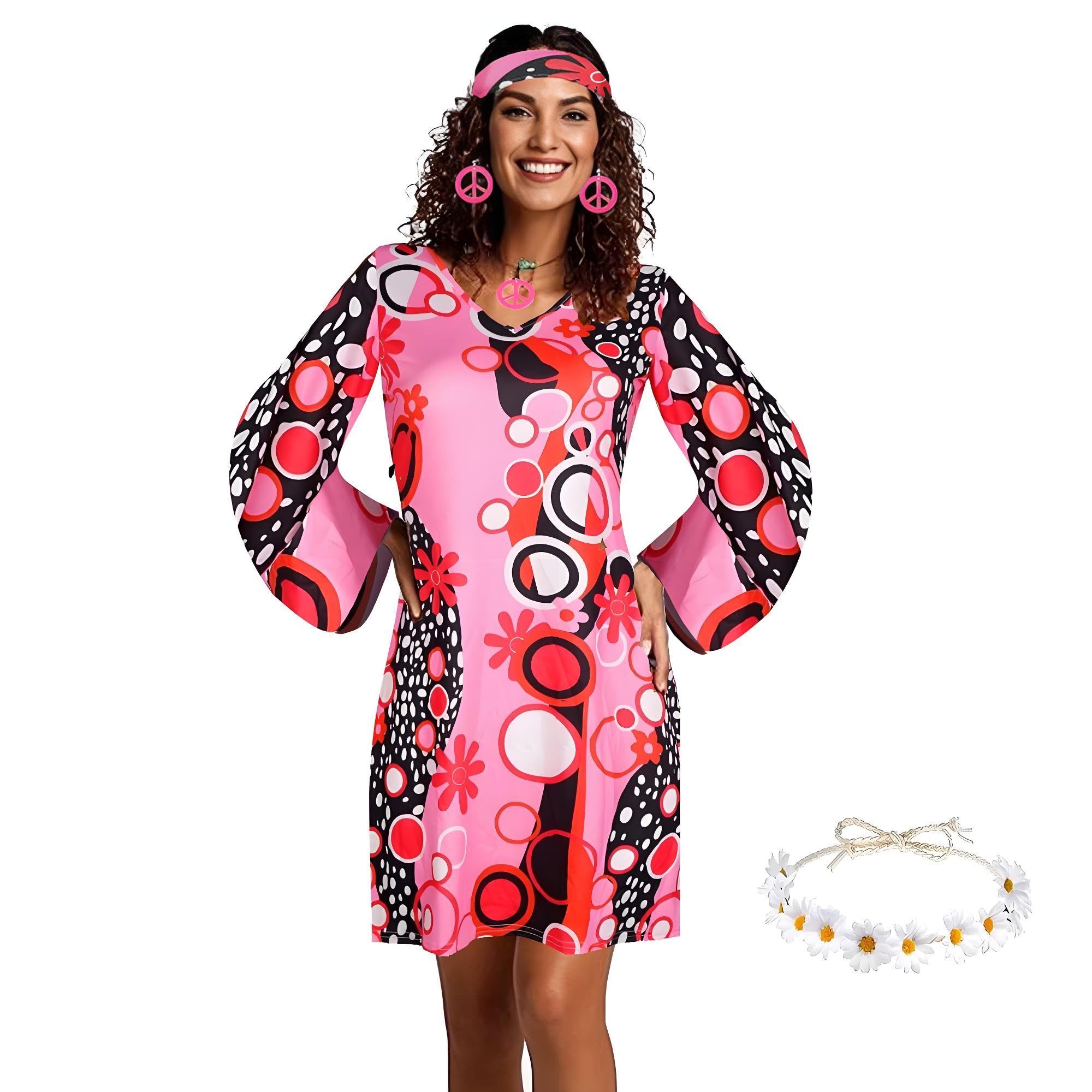 Años 70 Disfraz Hippie Mujer, Accesorios Hippie Vestido Diadema Flores Collar Pendientes, Disfraz Disco, Disfraz Años 70 para Disfraz Carnaval Cosplay