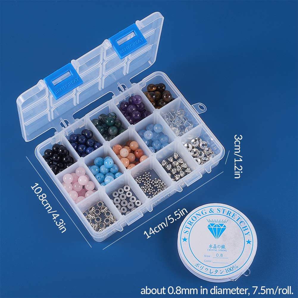 SUNNYCLUE 1 Caja 300pcs Kit de Fabricación de Pulseras de Cuentas de Piedra Natural Incluyen Cuentas Sueltas de Piedras Preciosas Redondas Y Cuentas Espaciadoras de Aleación de Metal E Hilo Y Tijeras