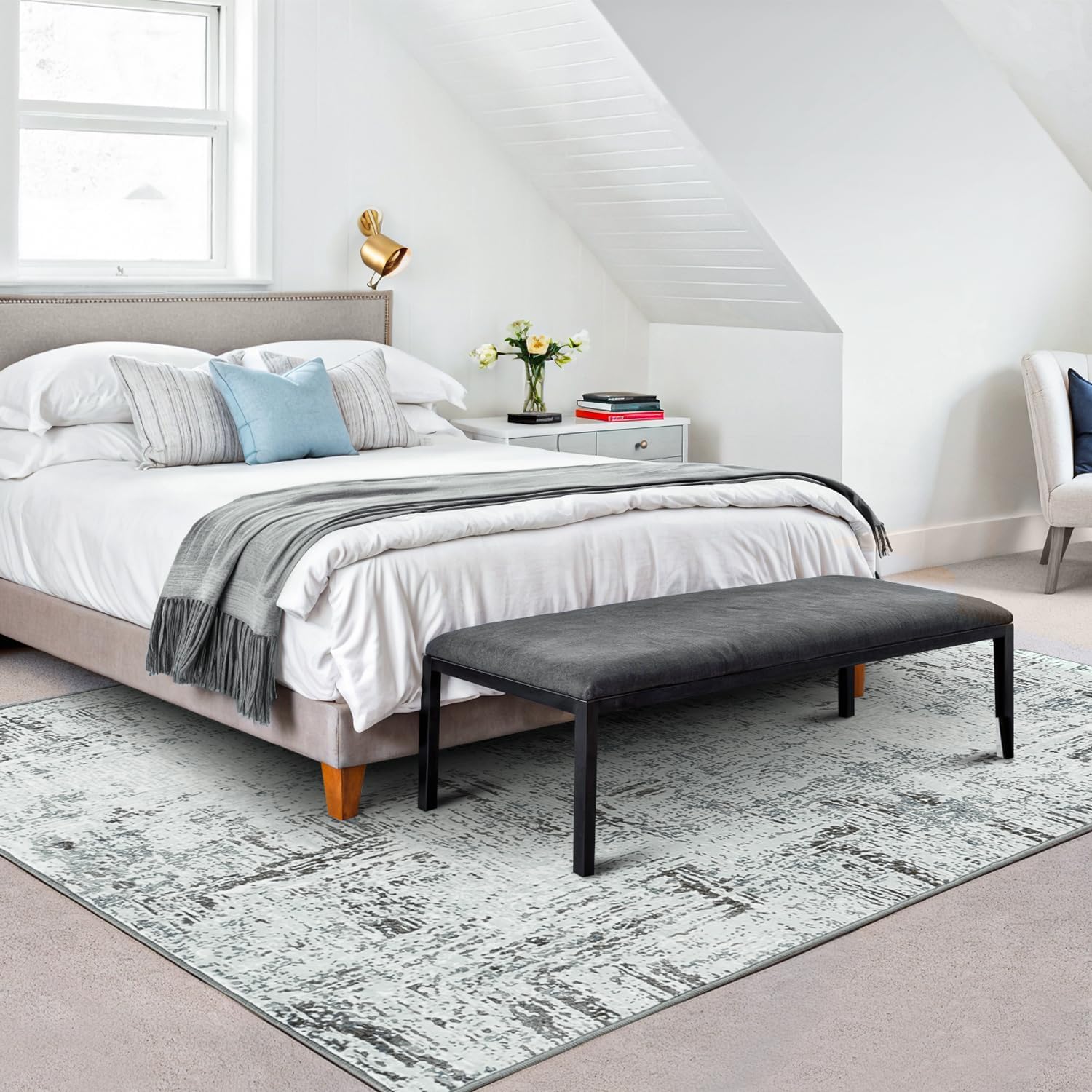 Rugflix 5x7 Washable Area Rugs, Neutral Boho Carpet Living Room Rug Non Slip Stain Resistant, Large Area Rug for Indoor Bedroom Dining Room Office, Blue/Grey