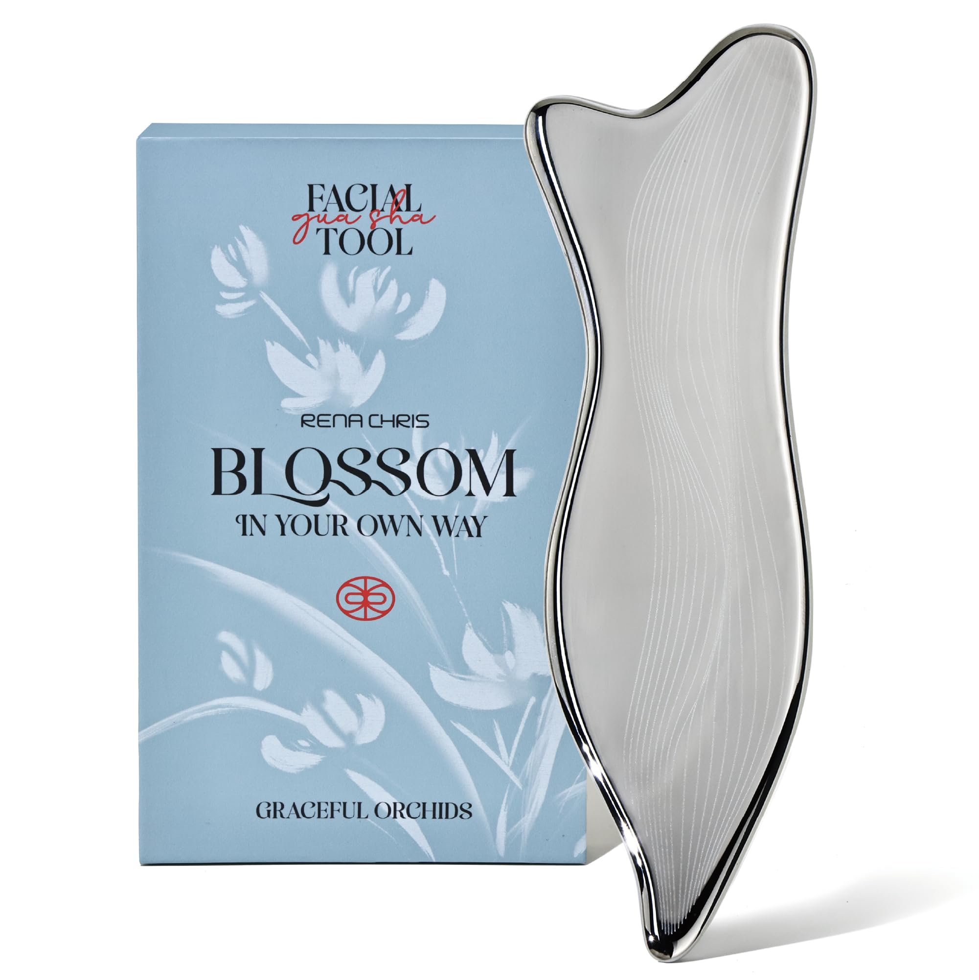 Rena Chris Stainless Steel Gua Sha Facial Tools - Acupressure & Gua Sha for Face Massage, Jawline Sculpting, Puffiness Reduction, Skin Care Tool (Silver)