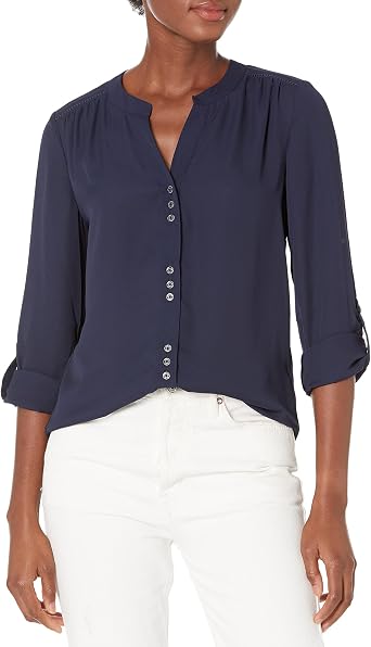 Zac & Rachel Womens Solid Crepe Button Front, Roll Tab Sleeve Blouse