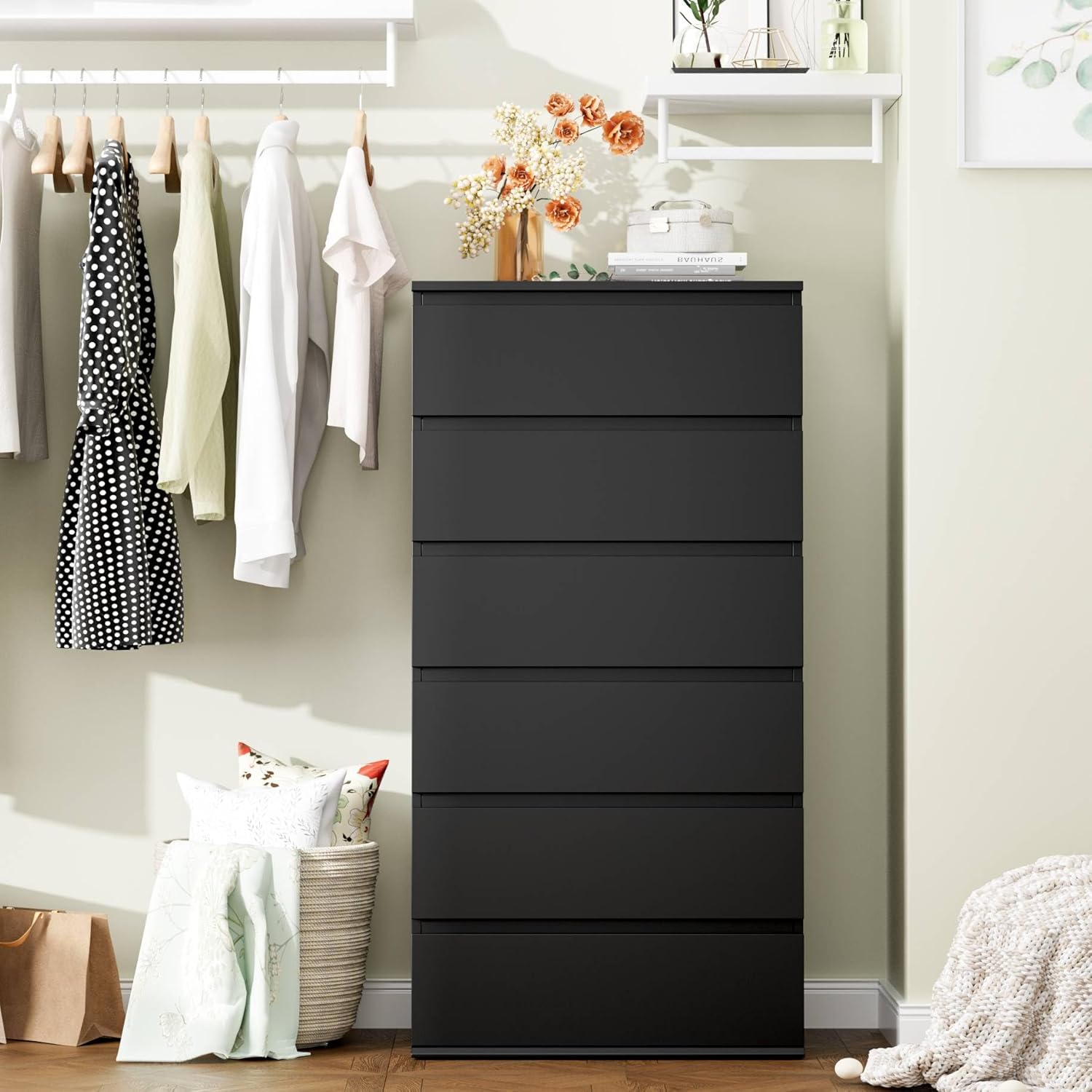 FOTOSOK Black Dresser, 6 Drawer Dresser, Modern Tall Black Storage Chest of Drawers Wood Dressers with Metal Sliding Rail, Handleless Drawer Cabinet for Home & Office