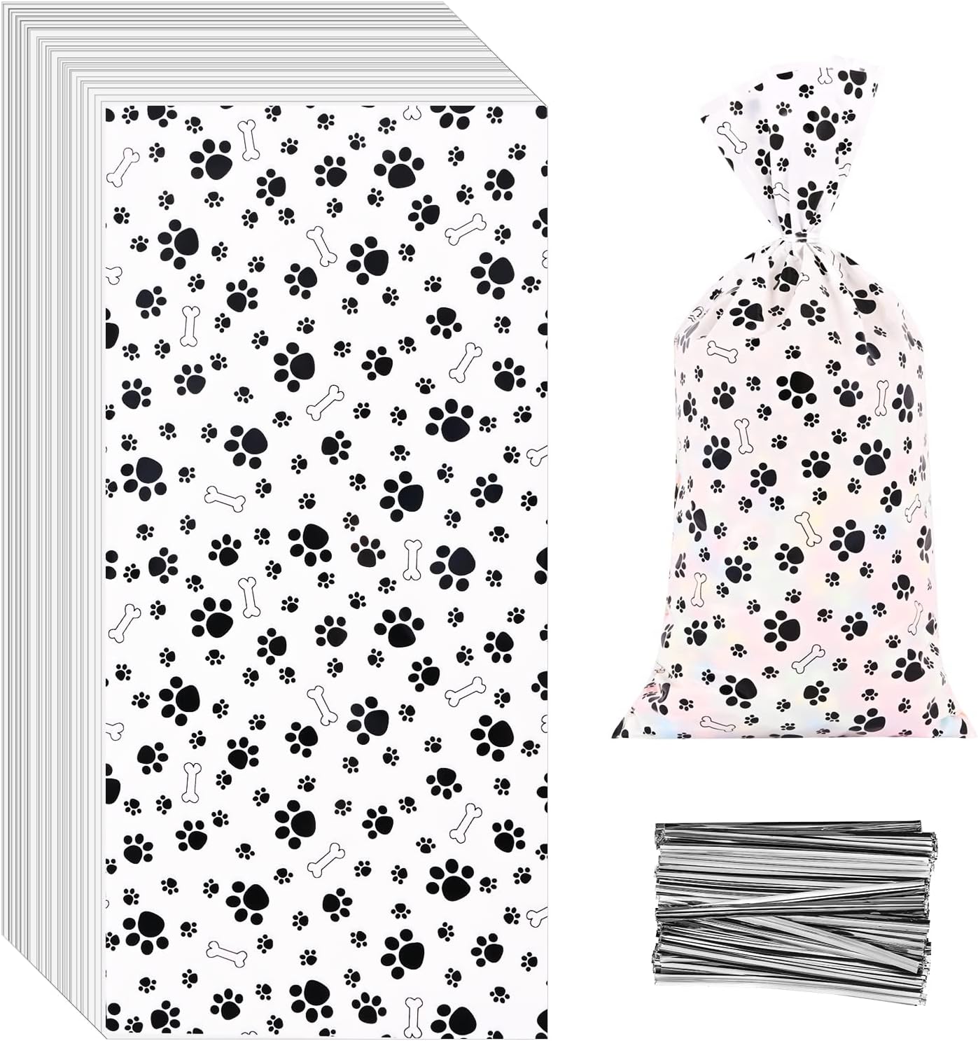 Lecferrarc 100 Pcs Dog Paw Bone Print Treat Bags Puppy Dog Cellophane Candy Bags Pet Paw Plastic Goodie Storage Bags Pet Party Favor…