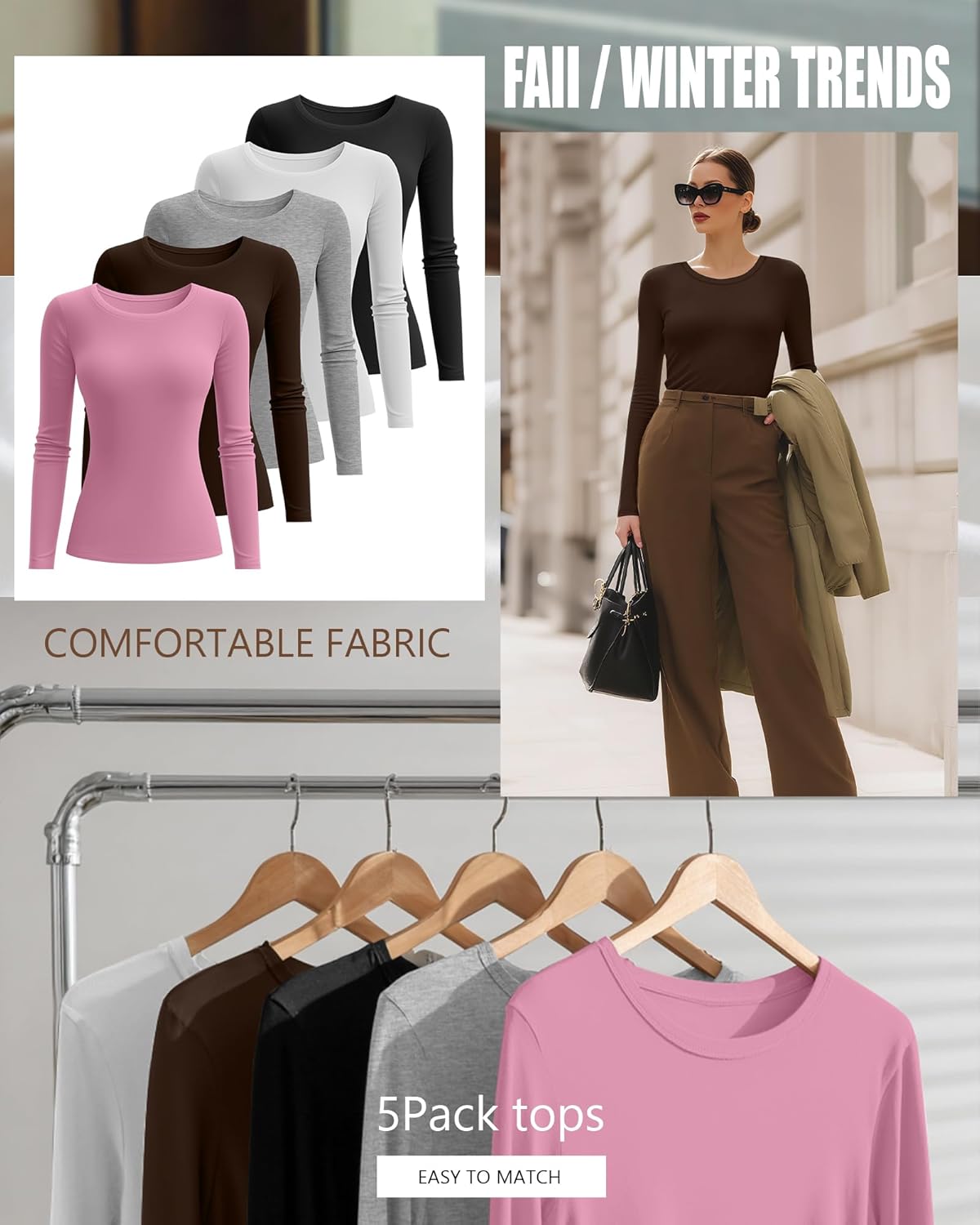 5 Pack Women's Long Sleeve Shirts Slim Fit Crew Neck Basic Tops Multipack Casual Layering Tee Undershirts - Image 5