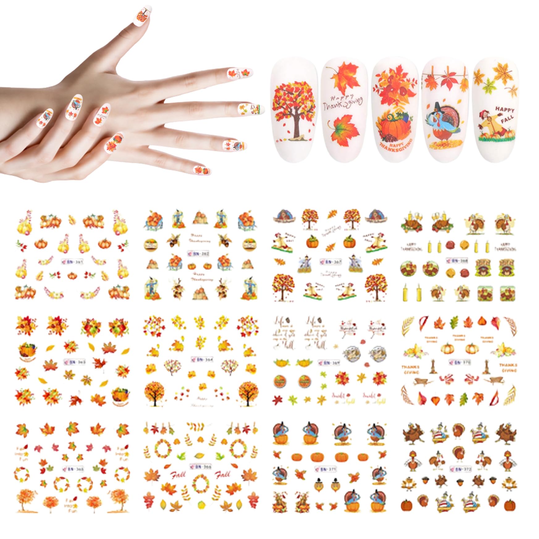 Fall Nail Decals | Fall Nail Stickers Autumn Maple Leaves Pumpkin Turkey Art Stickers Thanksgiving Themed Water Transfer Decorations, 12 Sheets/Set