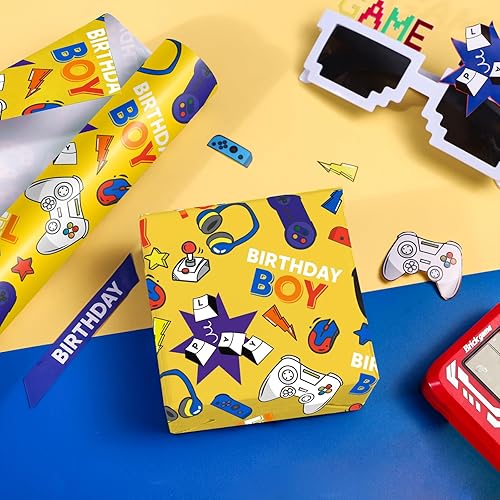 Vista 283 de WRAPAHOLIC Papel de regalo reversible, mini rollo, 17 pulgadas x 33 pies, adorable diseño de gato y azul sólido para cumpleaños, vacaciones