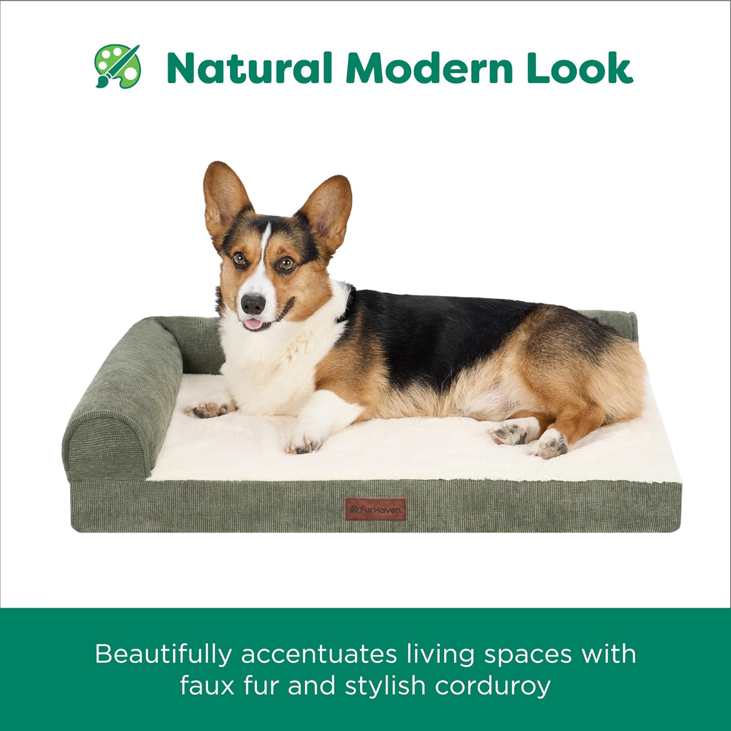 FurHaven Jumbo (40"x32") Cooling Gel Dog Bed – Plush & Grid Cord L-Shaped Chaise Lounge Pet Bed, Removable Washable Cover, Olive