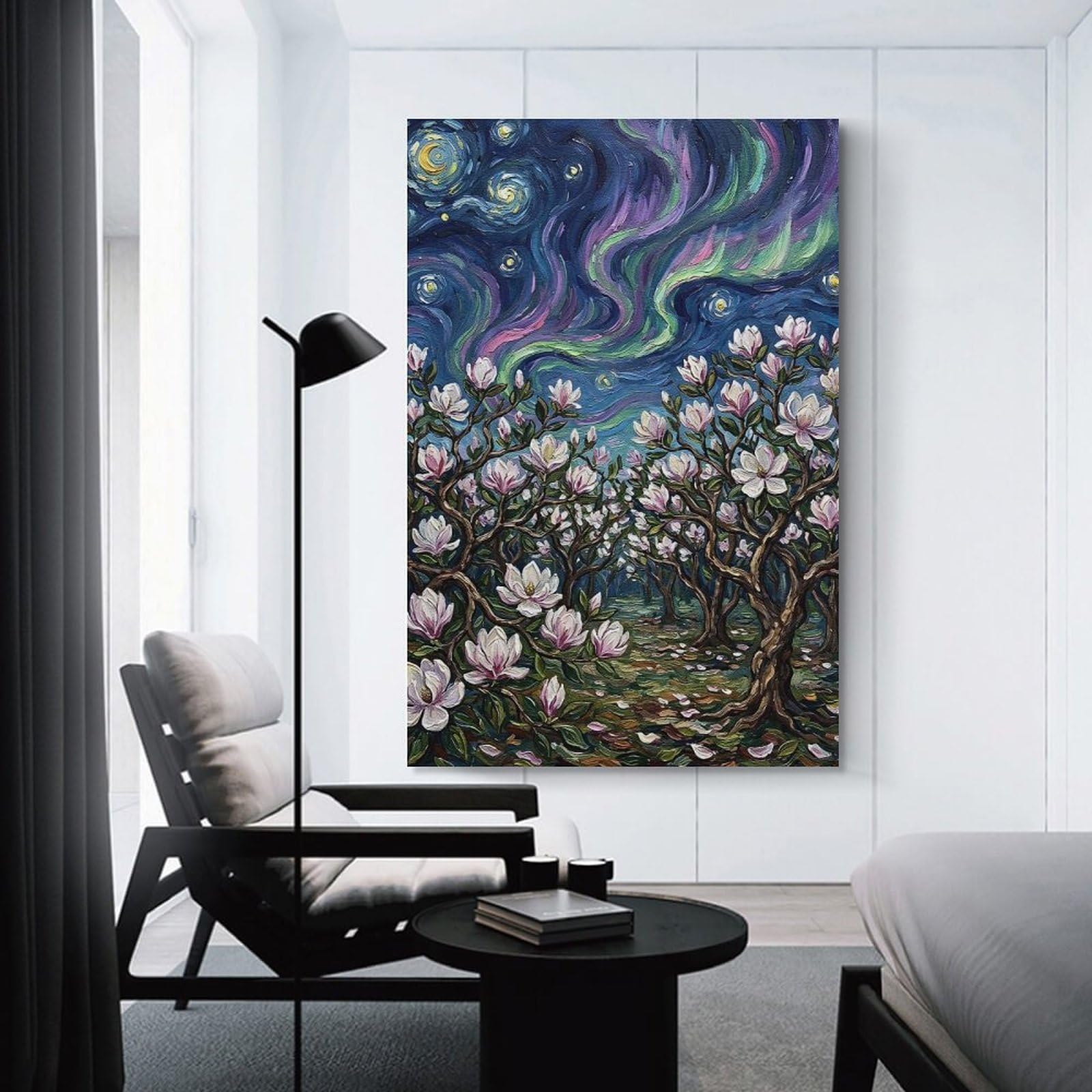 Junmoney Magnolia Trees Under Aurora Painting Decorative Wall Artwork 20x30inch(50x75cm), for Home Lounge, Bedroom Or Reading Nook, Easy Decor for Gallery Walls