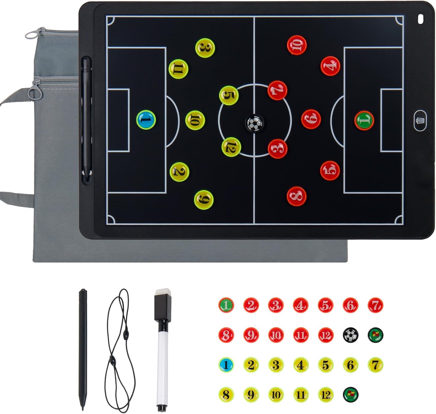 Magnetic Electronic Soccer Coach Board, 15 inch LCD Football Lineup Board Set with Stylus Pen, Dry Erase Markers and Carry Bag, for Soccer Game,Training,Teaching