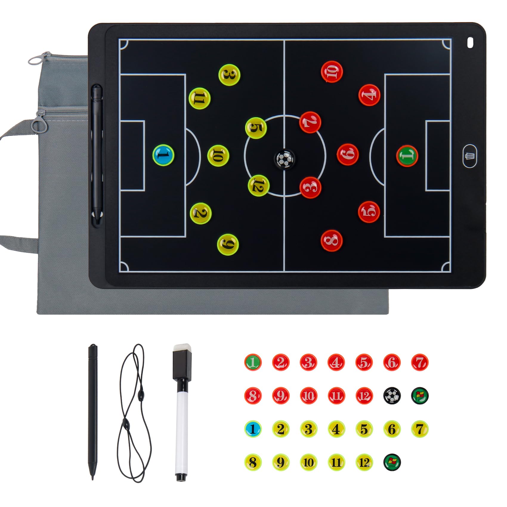Magnetic LCD Football Coaching Board, 15 Inch Electronic Tactical Lineup Board Set with Stylus Pen, Dry Erase Markers and Carry Bag for Soccer Training, Game Strategy and Team Coaching