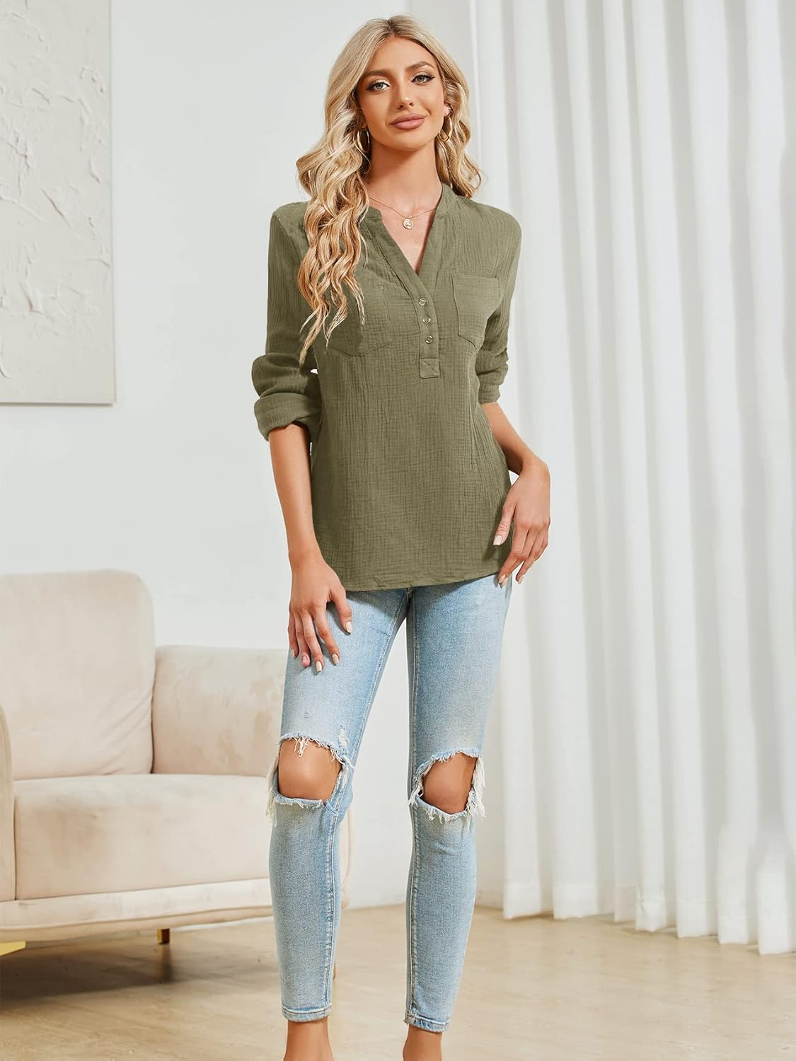 Womens 100% Cotton Tunic Long Sleeve V Neck Gauze Shirt Casual Work Lounge Blouse Tops - Image 5